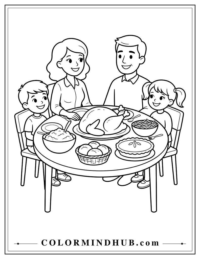 Happy family enjoying a Thanksgiving dinner with roast turkey and simple side dishes - Thanksgiving meal coloring page