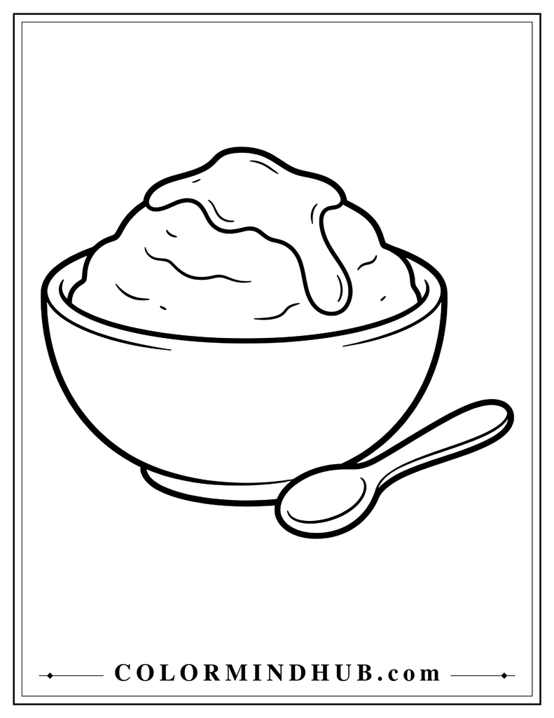 Bowl of mashed potatoes with gravy and a simple serving spoon - Thanksgiving food coloring page for kids