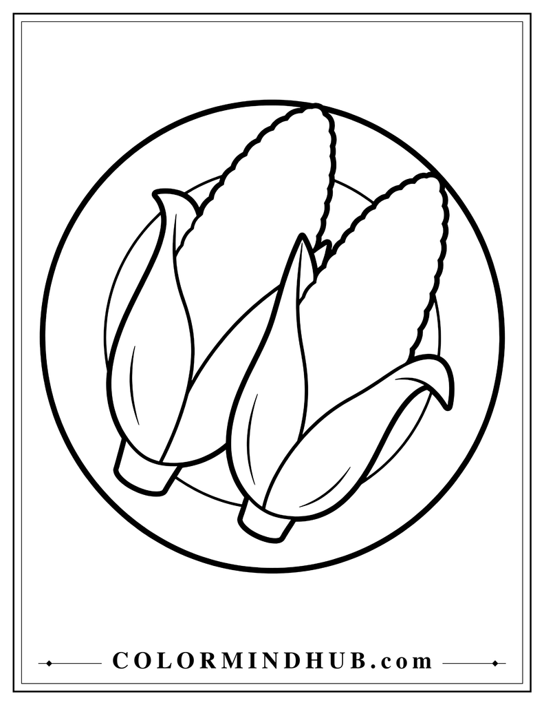Two ears of corn with broad husk leaves arranged on a simple plate - Thanksgiving food coloring page
