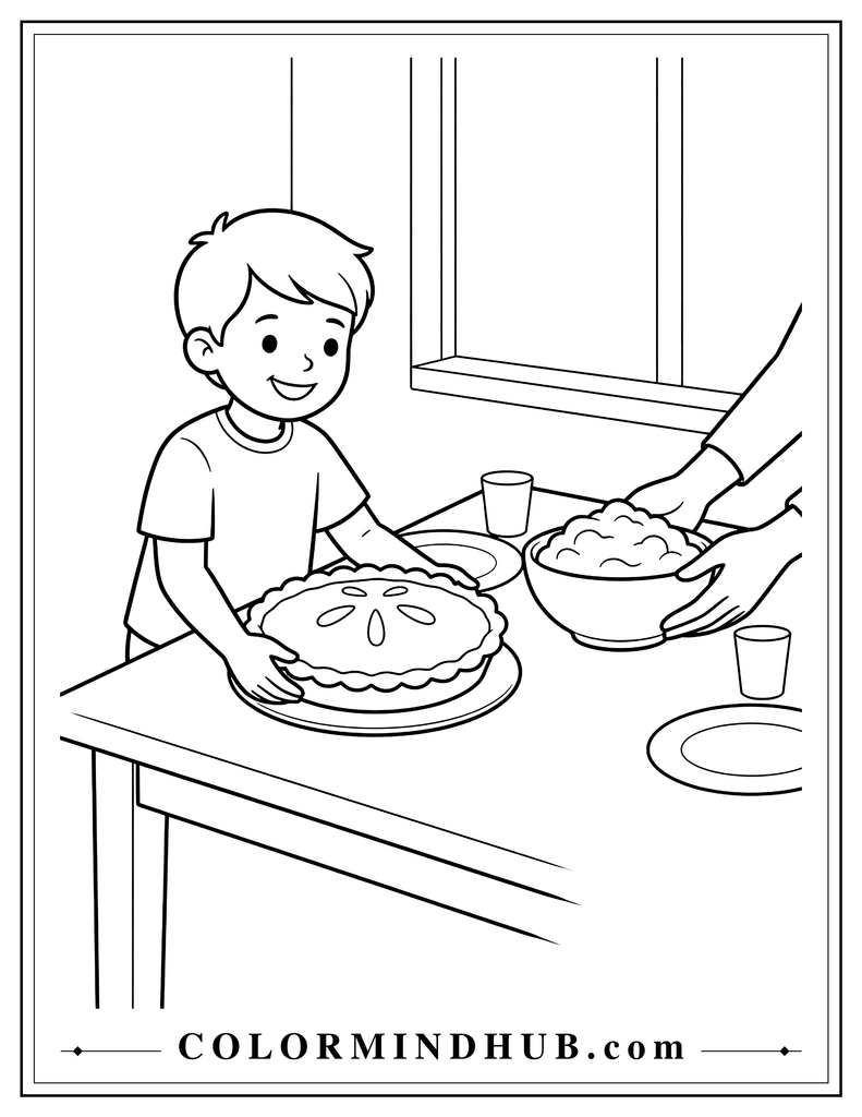 Happy child placing pumpkin pie and cranberry sauce on a Thanksgiving table - Thanksgiving coloring page for kids