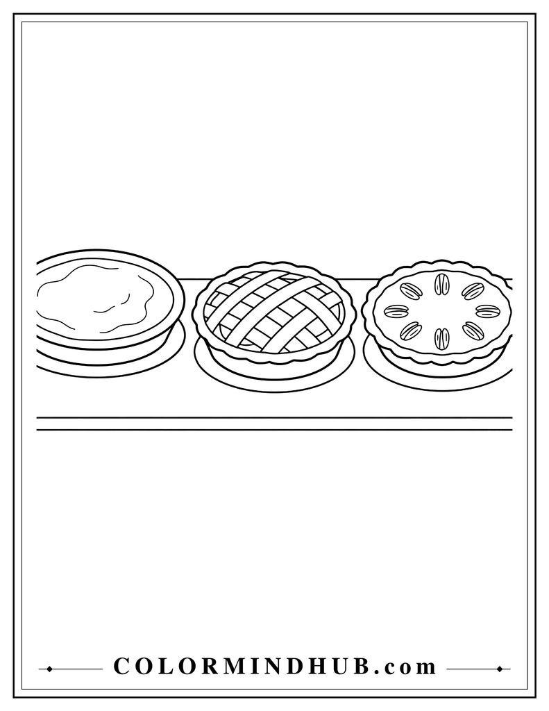 Thanksgiving dessert table featuring pumpkin pie, apple pie, and pecan pie - Thanksgiving food coloring page