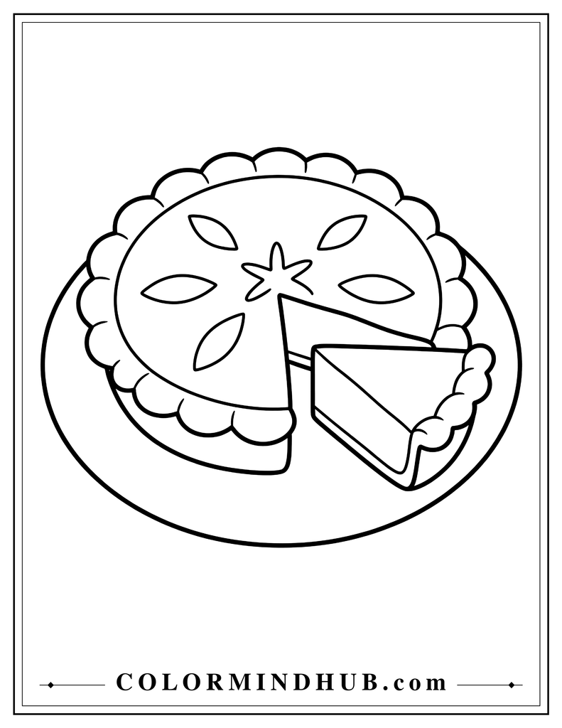 Homemade whole apple pie with a simple crust and one slice beside it - Thanksgiving food coloring page