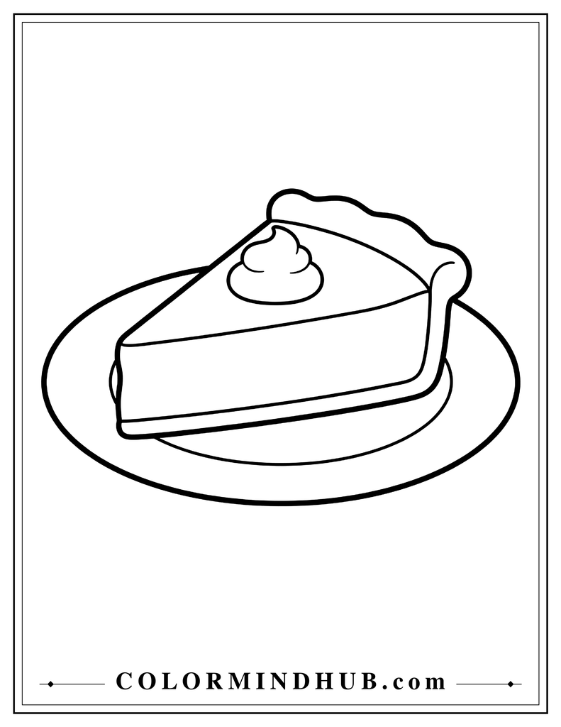 Slice of pumpkin pie on a plate with a small dollop of whipped cream - Thanksgiving pie coloring page