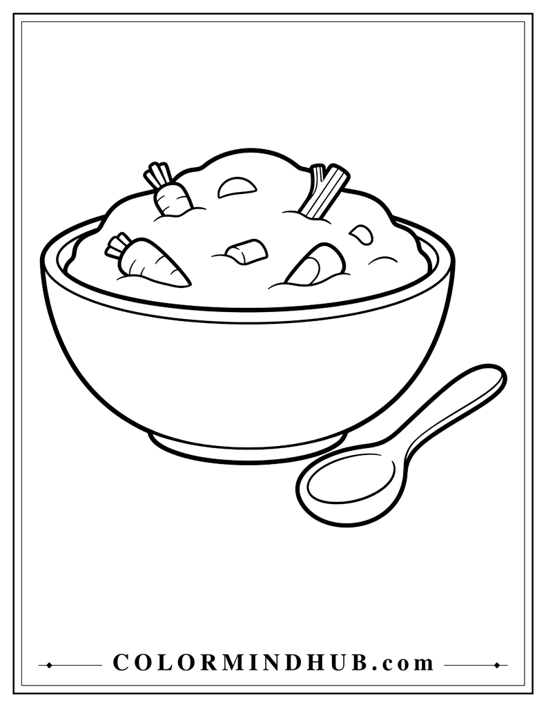 Bowl of traditional Thanksgiving stuffing with a simple serving spoon and a few vegetables - Thanksgiving food coloring page