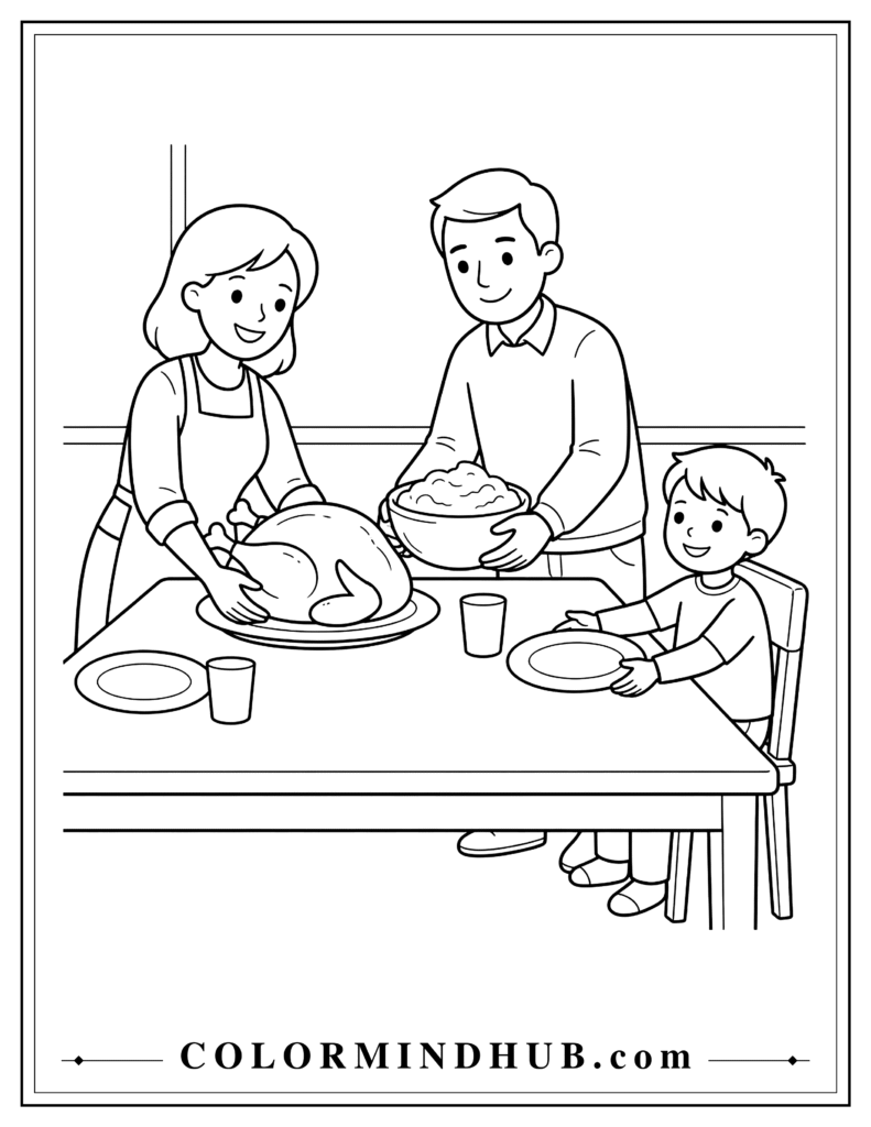 Family of three serving roast turkey and mashed potatoes at a Thanksgiving dinner table - Thanksgiving coloring page for kids