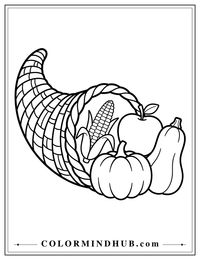 Large cornucopia filled with corn, apple, pumpkin, and squash - Thanksgiving harvest food coloring page
