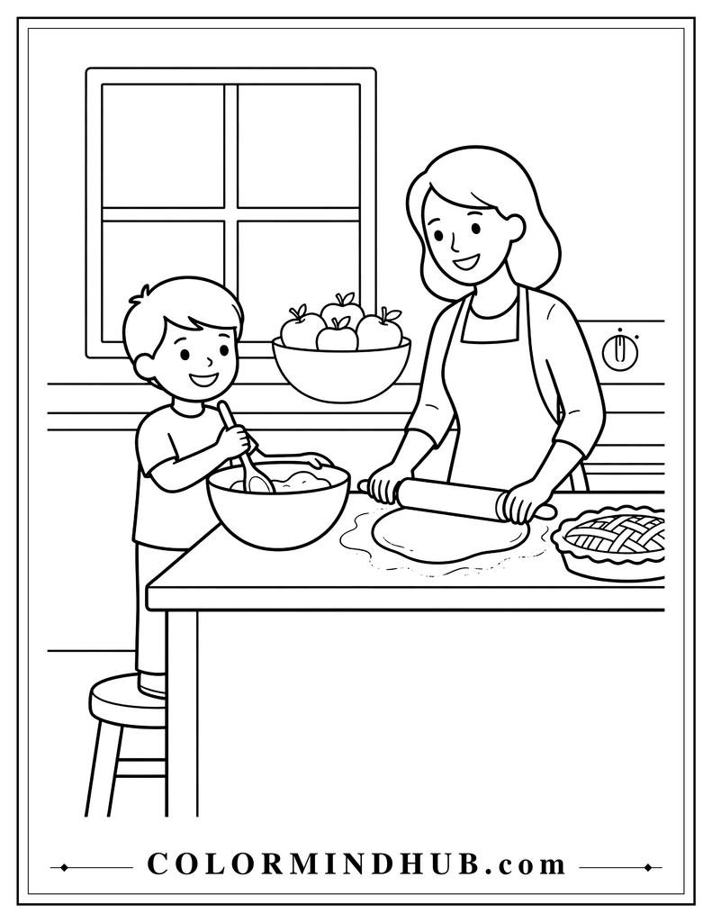 Parent and child preparing Thanksgiving food together with a mixing bowl and pie - Thanksgiving food coloring page