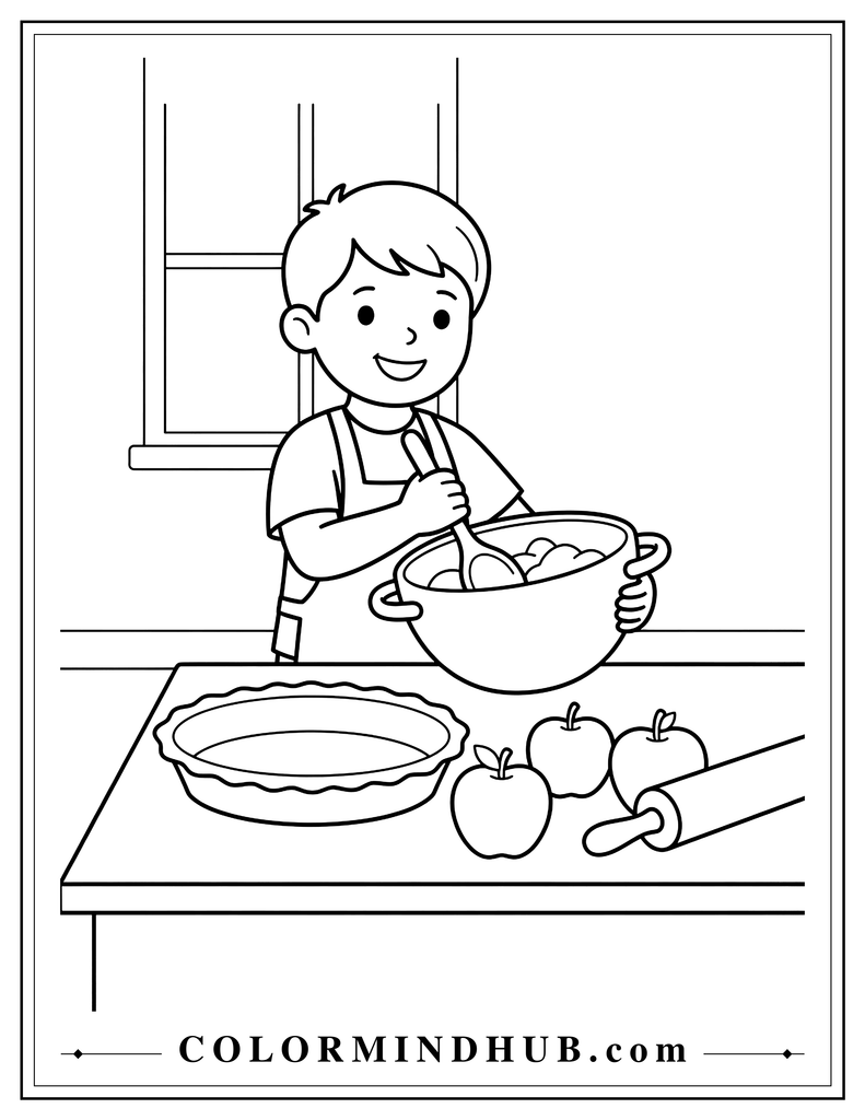 Smiling child preparing an apple pie with a pie dish and apples on a kitchen counter - Thanksgiving food coloring page
