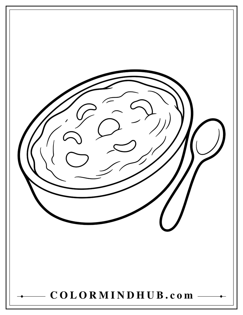 Serving dish filled with green bean casserole and a large serving spoon - Thanksgiving food coloring page for kids