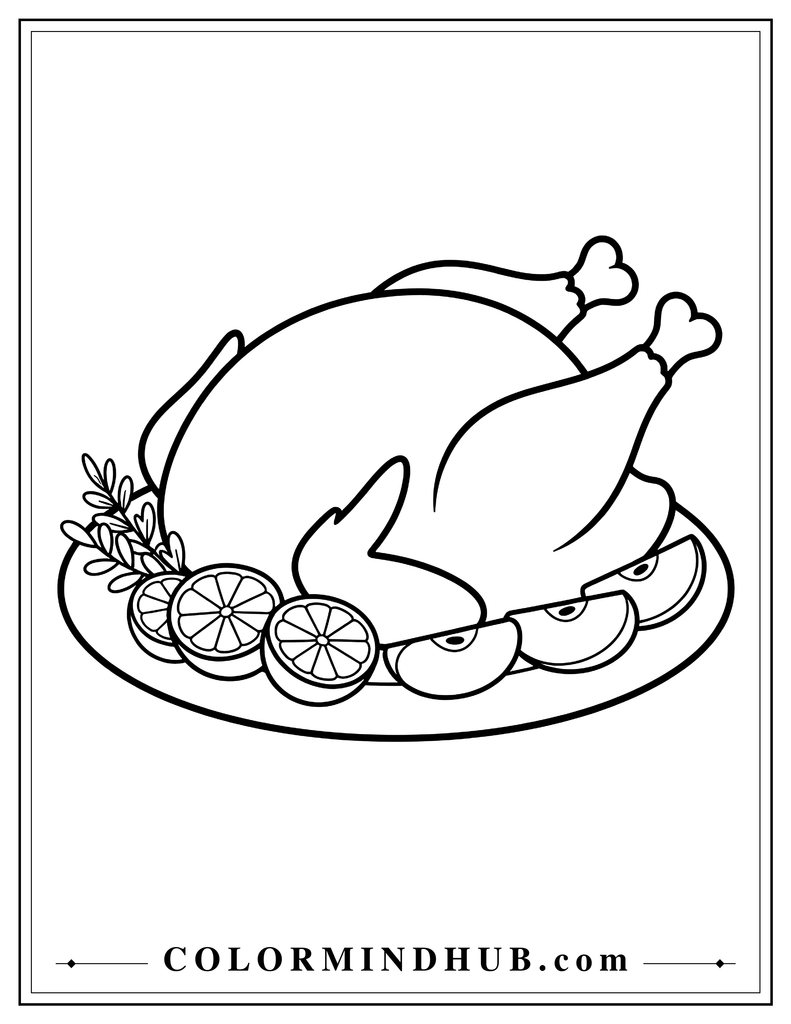 Traditional roast turkey on a serving platter with simple garnish pieces - Thanksgiving food coloring page