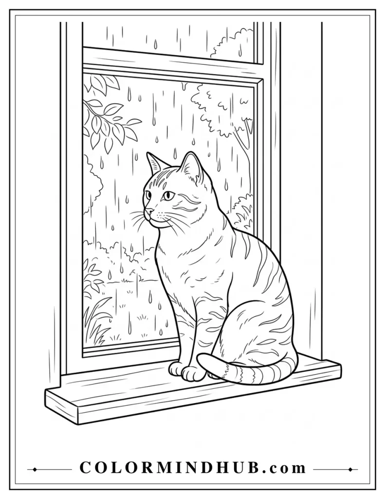  Realistic cat watching the rain through a window coloring page