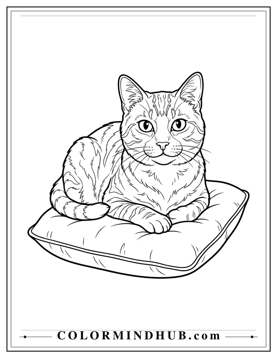 Realistic cat resting comfortably on a cushion coloring page