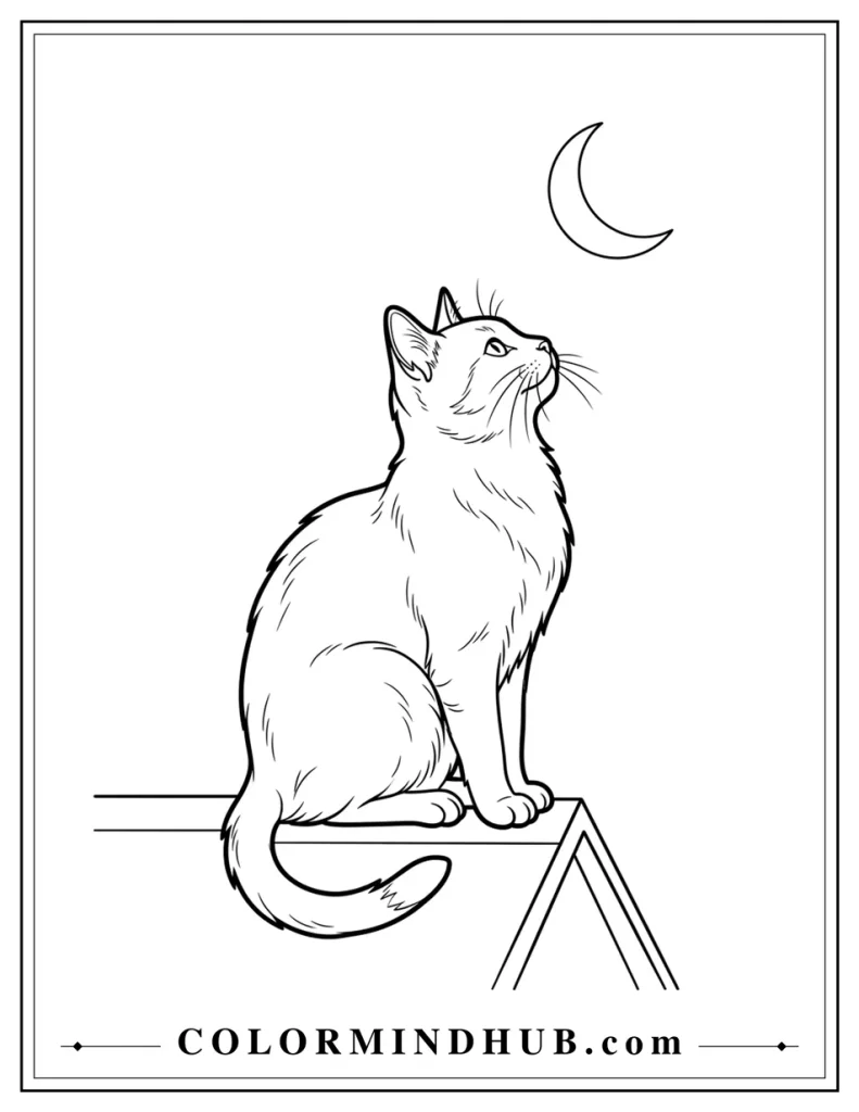 Realistic cat sitting and looking at the moon coloring page