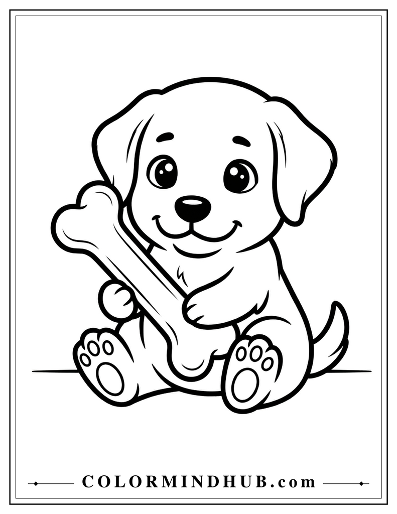 Cute puppy holding a bone coloring page