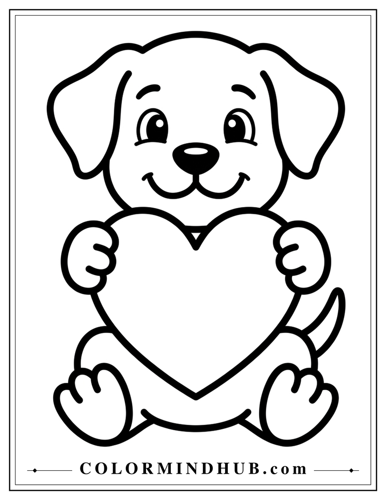Cute puppy holding a big heart coloring page