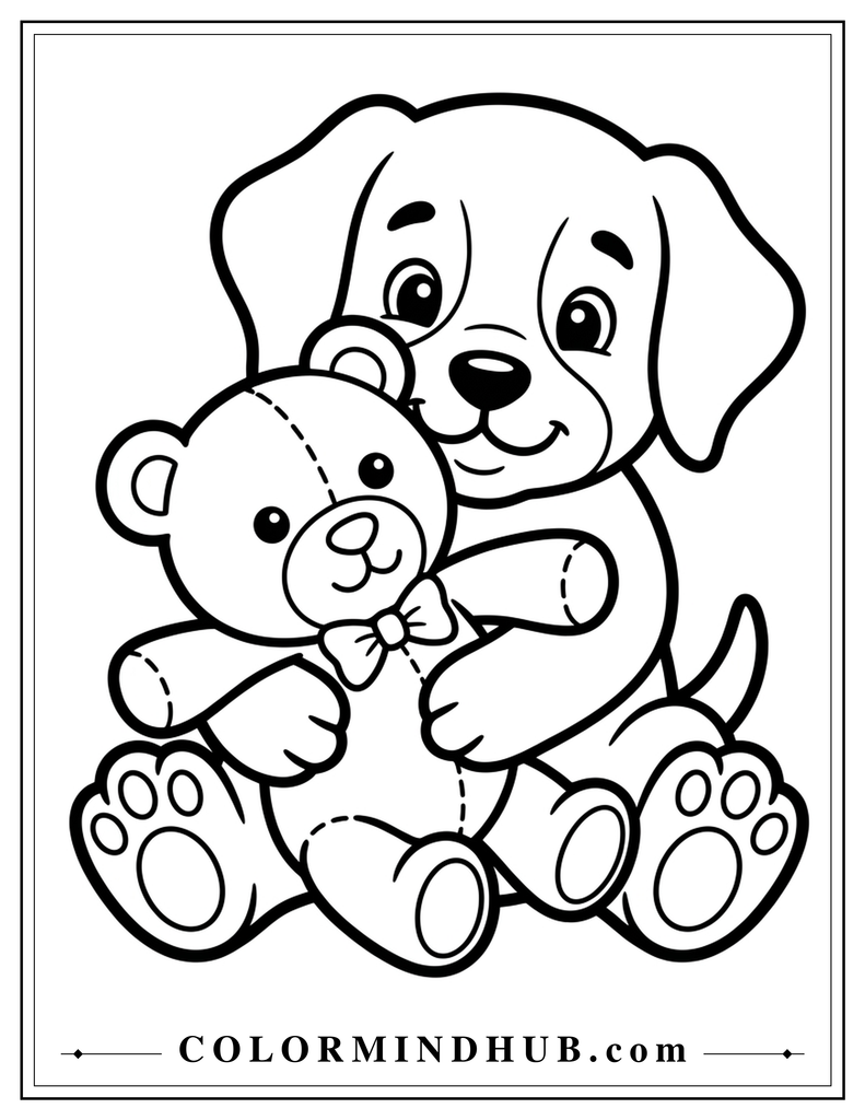 Cute puppy hugging a teddy bear coloring page