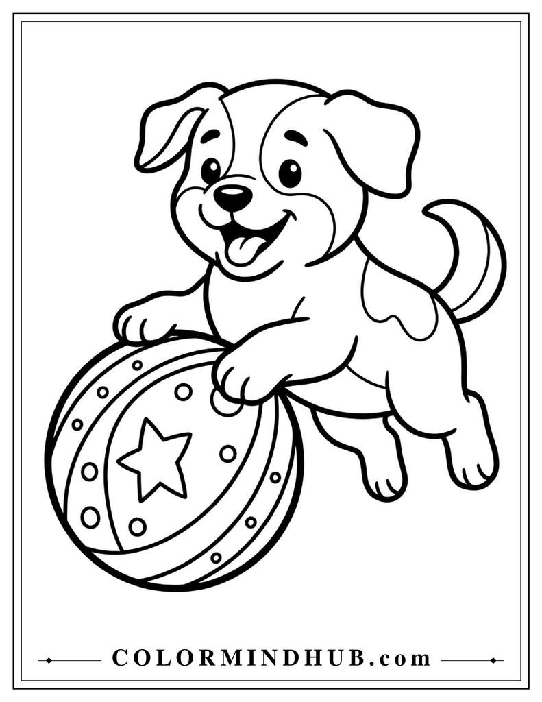 Cute puppy playing with a ball coloring page