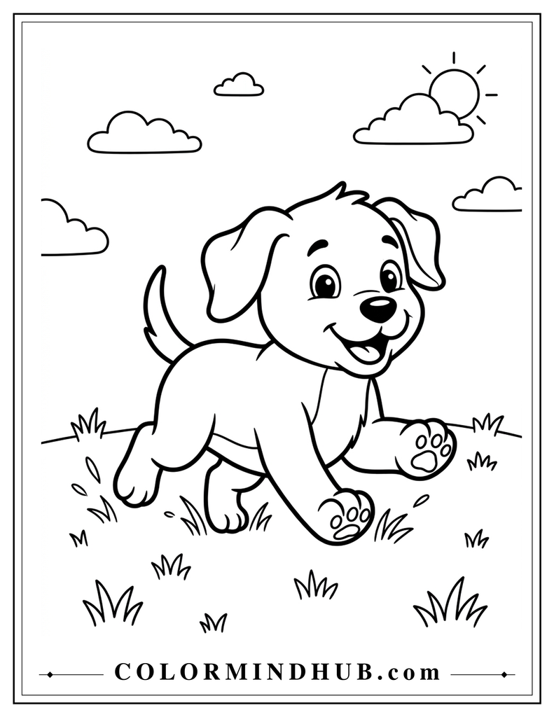 Cute puppy running through the grass coloring page