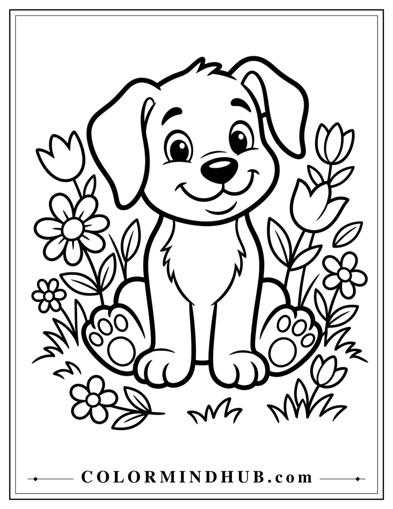 Cute puppy sitting among blooming flowers coloring page