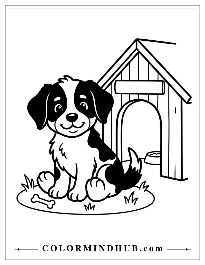Cute puppy sitting outside a dog house coloring page