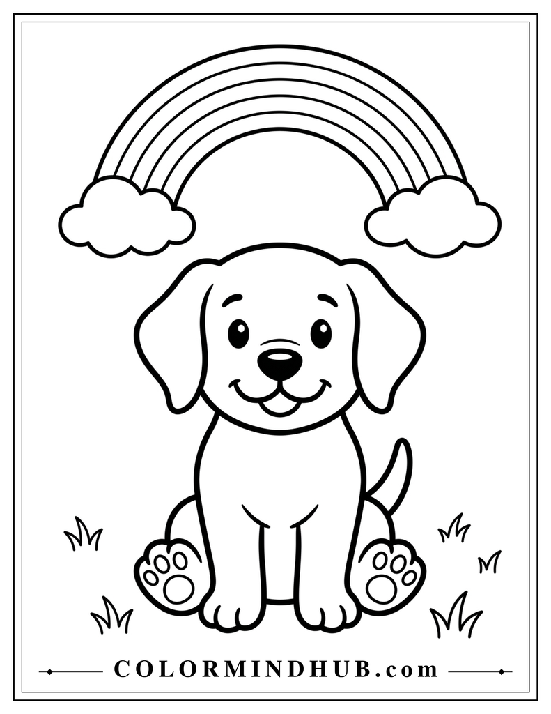Cute puppy sitting under a rainbow coloring page