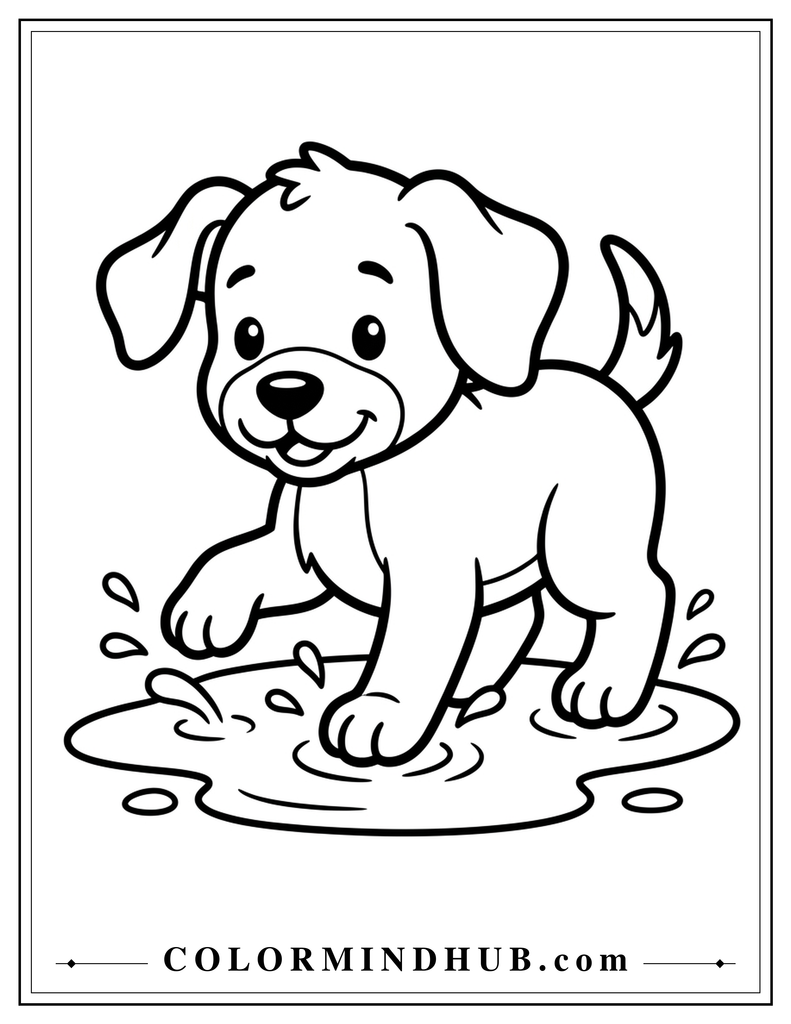 Cute puppy playing in a water puddle coloring page