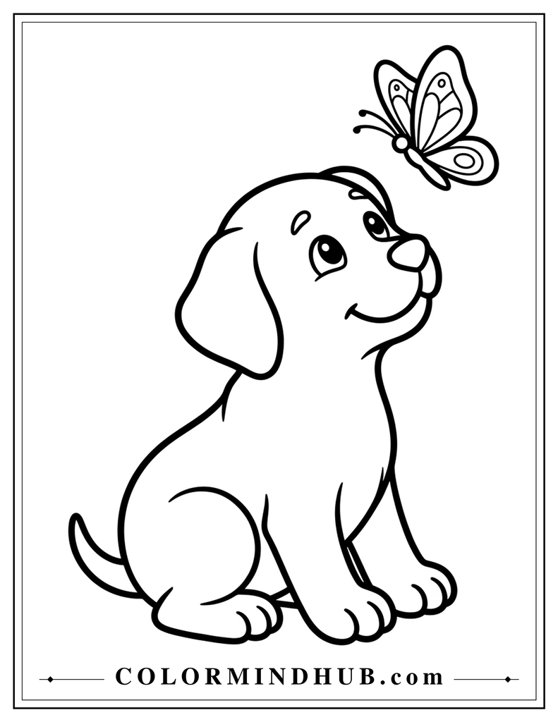 Cute puppy looking at a butterfly coloring page