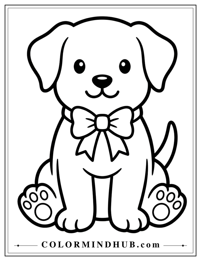 Cute puppy wearing a bow ribbon coloring page