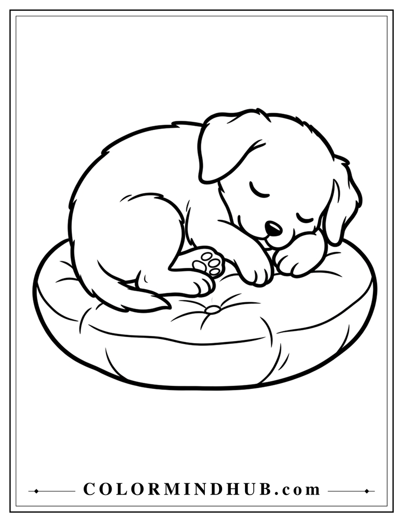 Cute sleeping puppy curled up on a soft cushion coloring page
