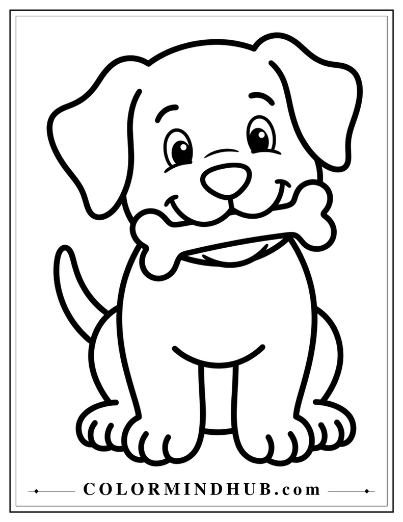 Cute puppy holding a bone coloring page