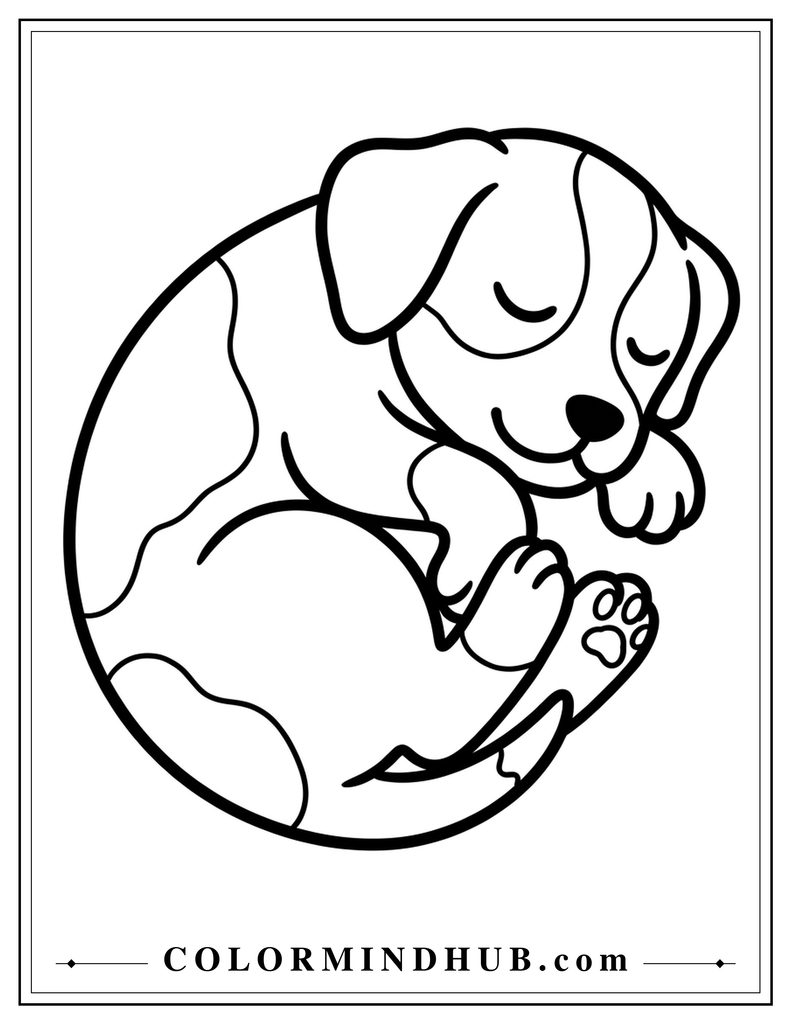 Sleeping puppy curled up like a ball coloring page