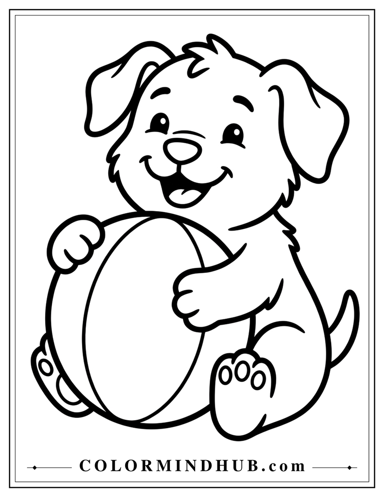 Cute puppy hugging a ball coloring page