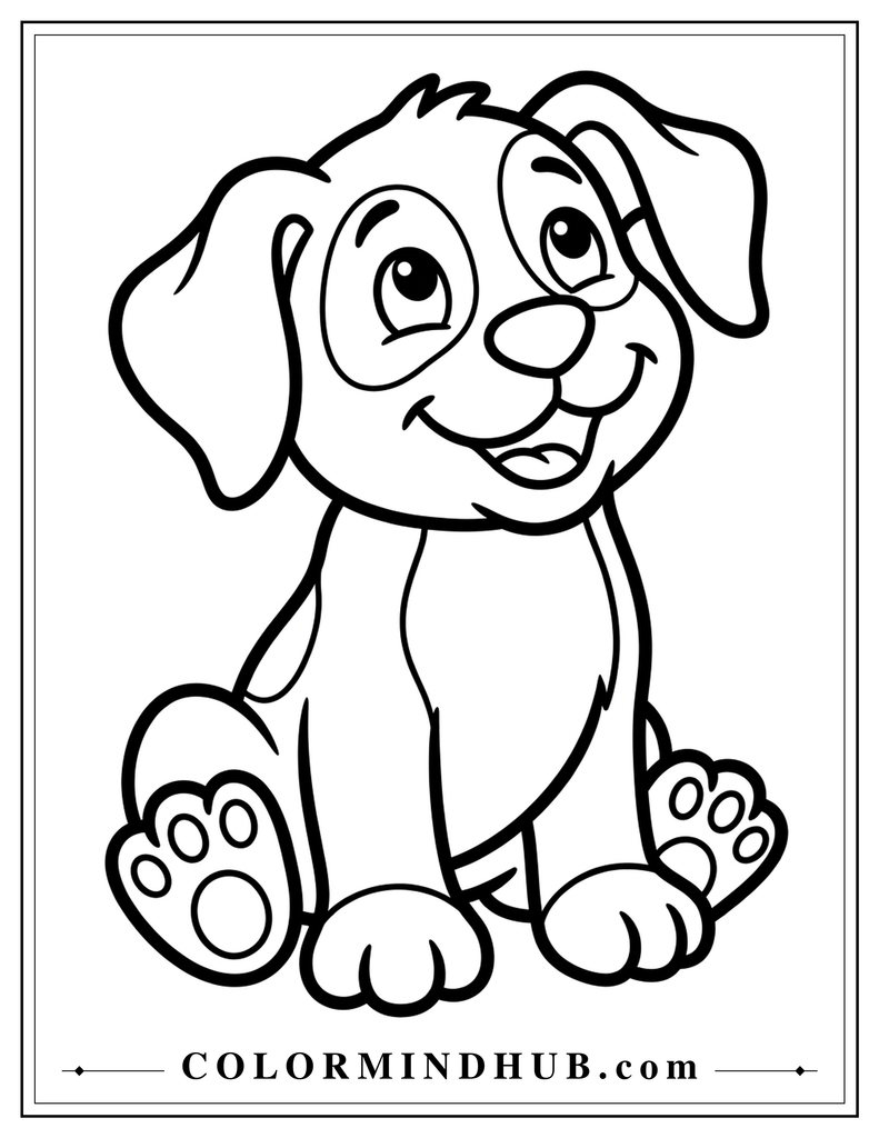 Smiling puppy sitting on the ground coloring page