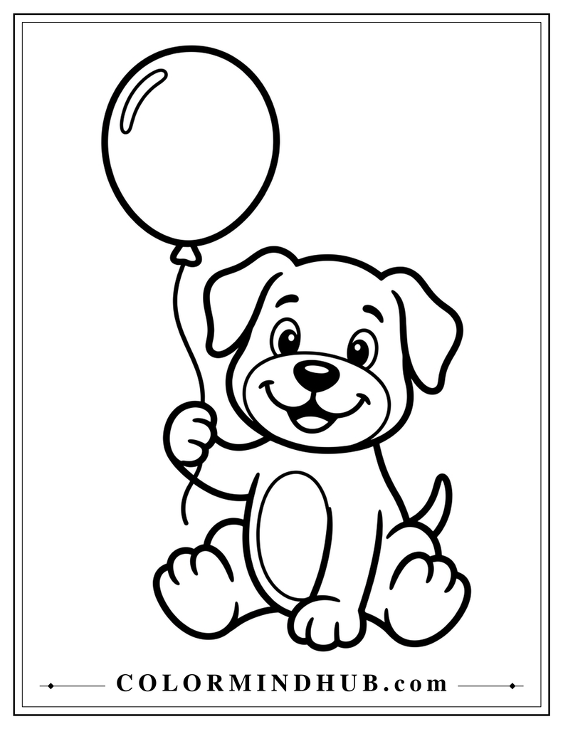 Cute puppy holding a balloon coloring page