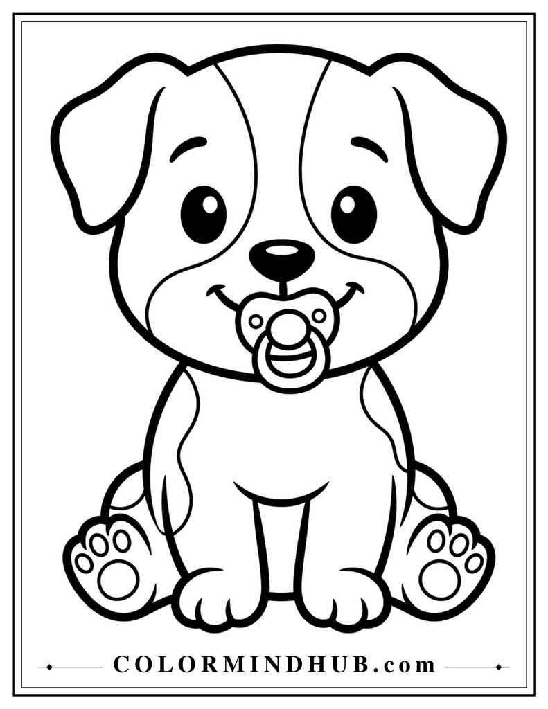 Cute puppy with a pacifier coloring page
