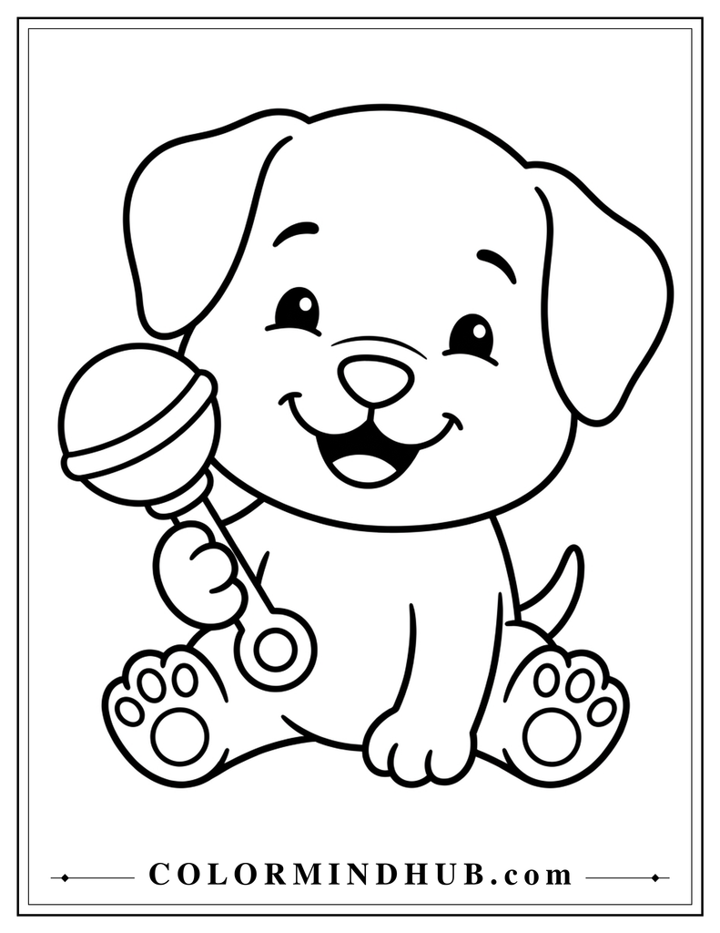 Cute puppy holding a baby rattle coloring page