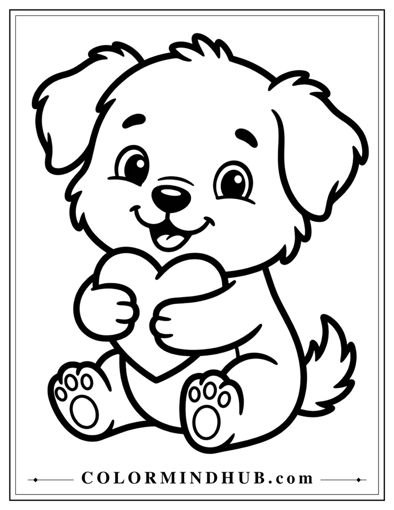 Cute puppy hugging a heart coloring page