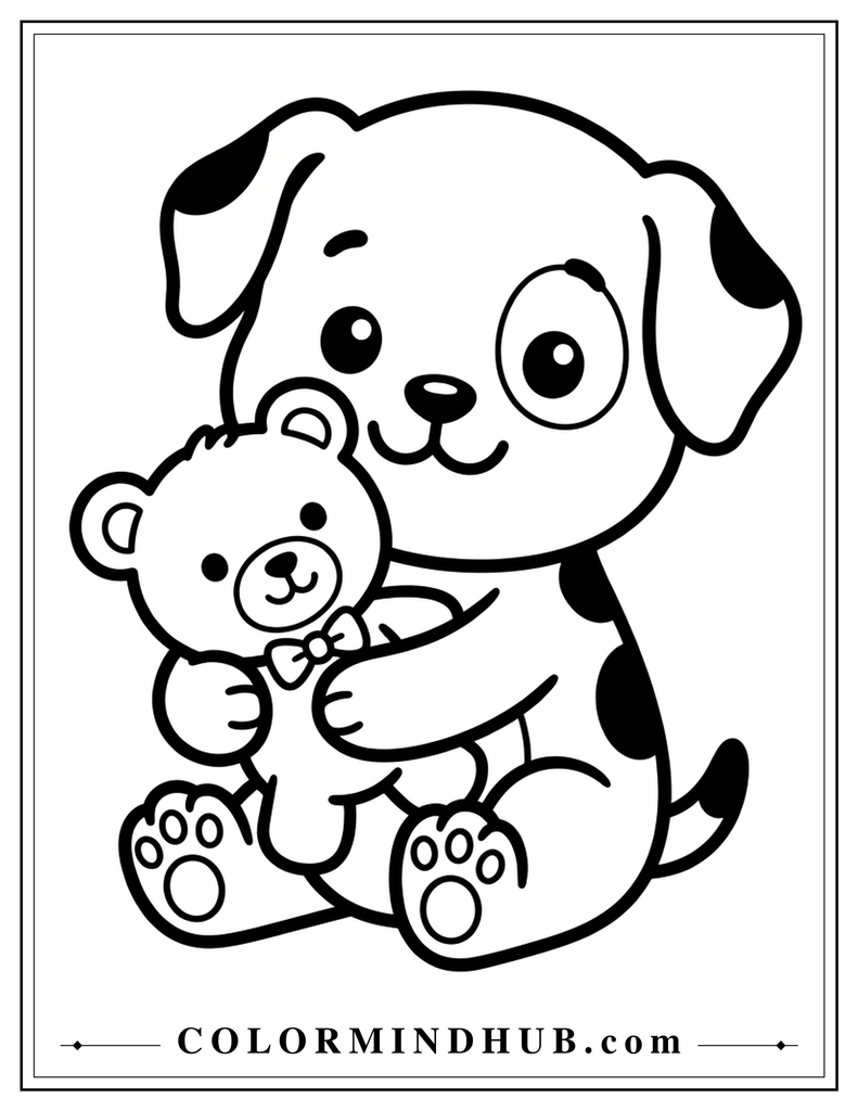 Cute puppy hugging a teddy bear coloring page