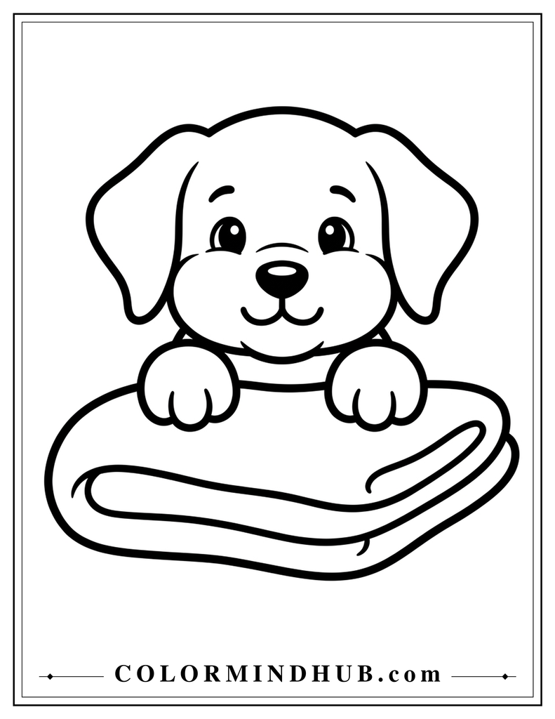 Cute puppy resting on a soft pillow coloring page