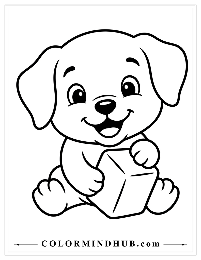 Cute puppy holding a toy block coloring page