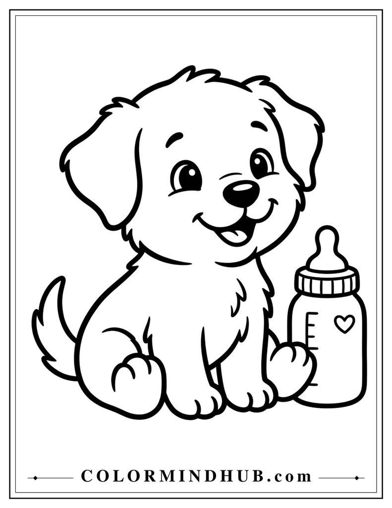 Cute puppy sitting beside a baby bottle coloring page