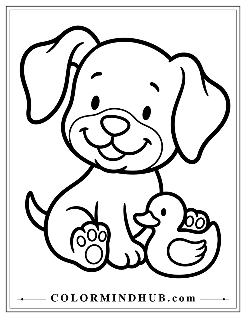 Cute puppy playing with a rubber duck coloring page
