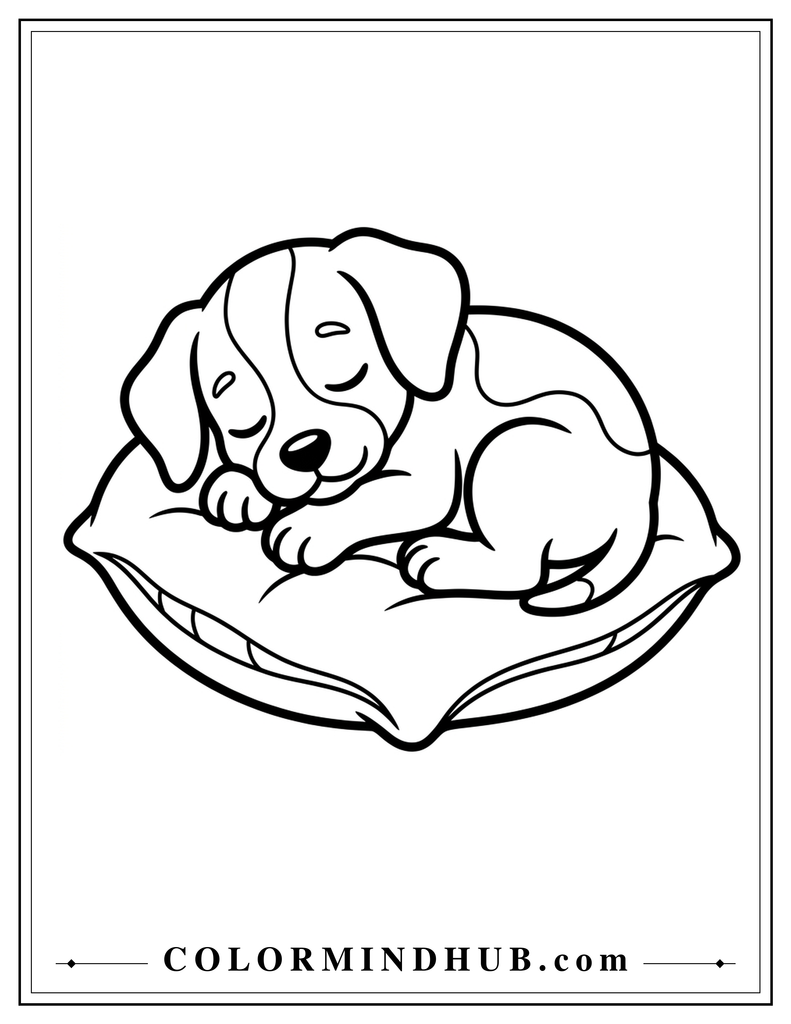 Sleeping puppy resting on a soft cushion coloring page
