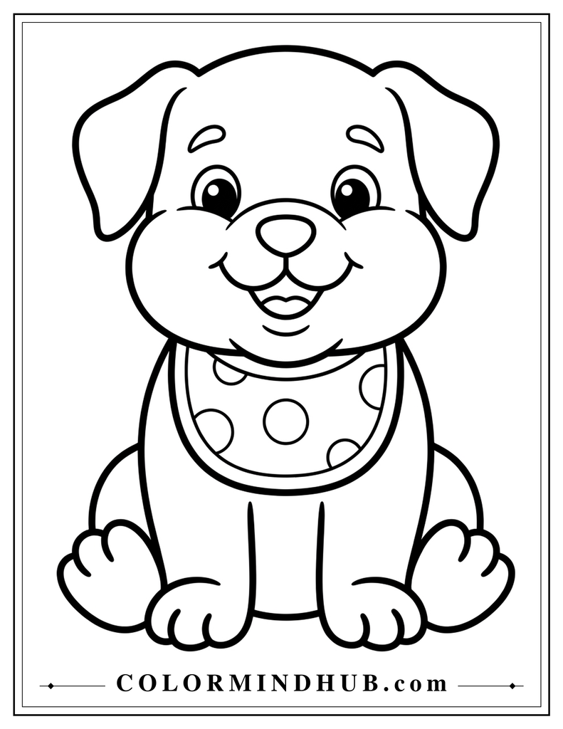 Cute puppy wearing a baby bib coloring page
