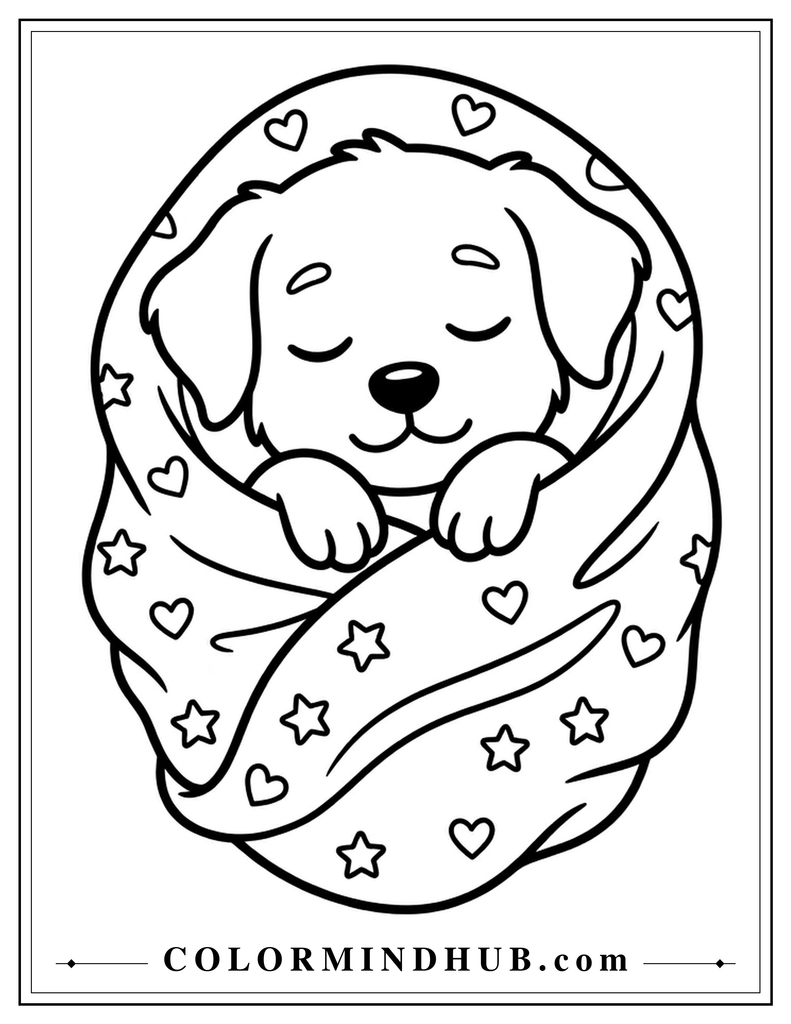 Cute baby puppy wrapped in a cozy blanket coloring page