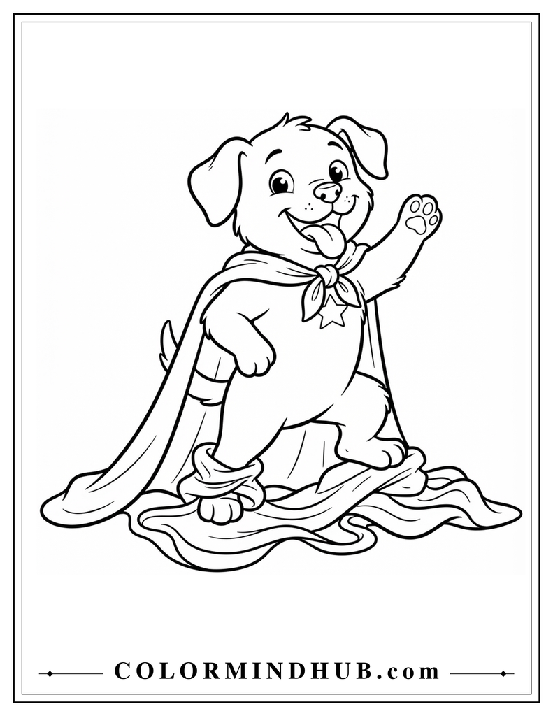 Funny dog wearing a superhero cape coloring page