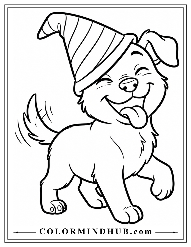 Funny dog wearing a playful hat coloring page