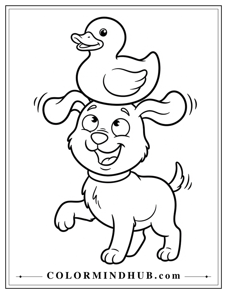 Funny dog balancing a little bird on its head coloring page