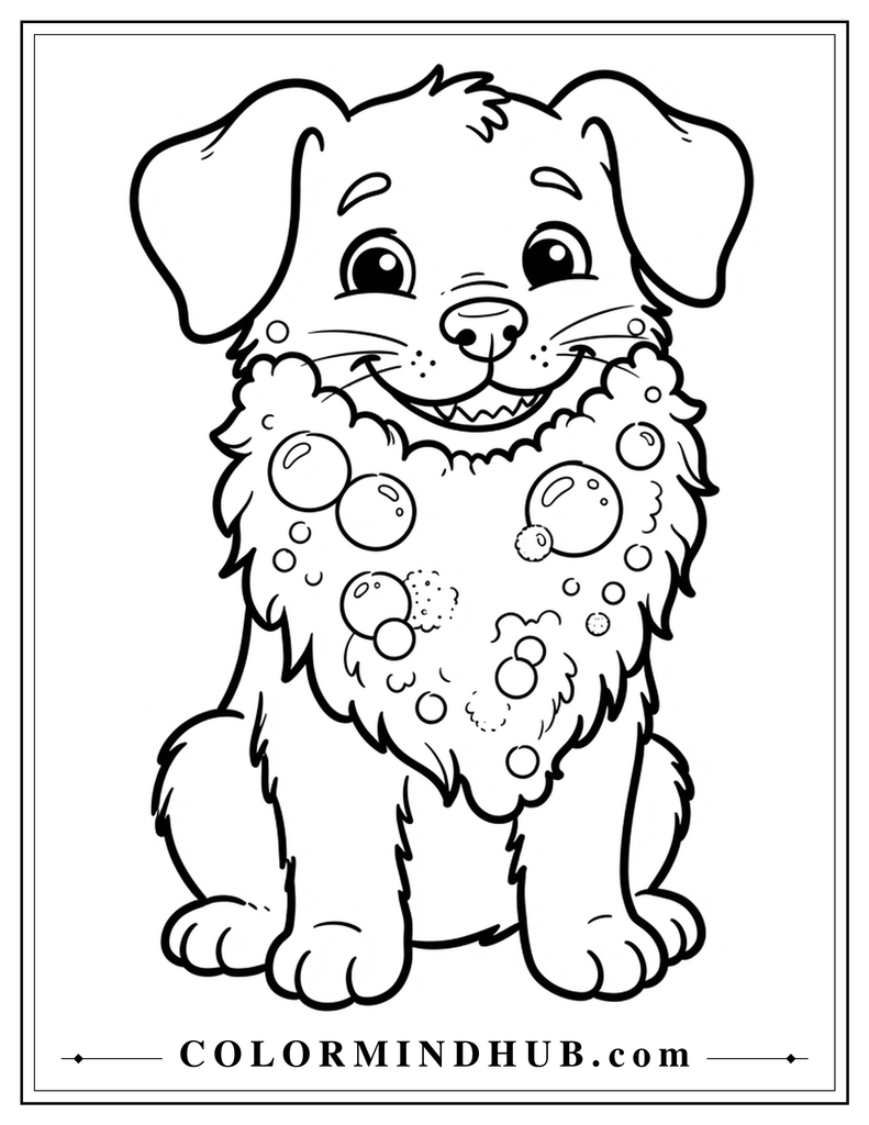 Funny dog with a bubble beard coloring page