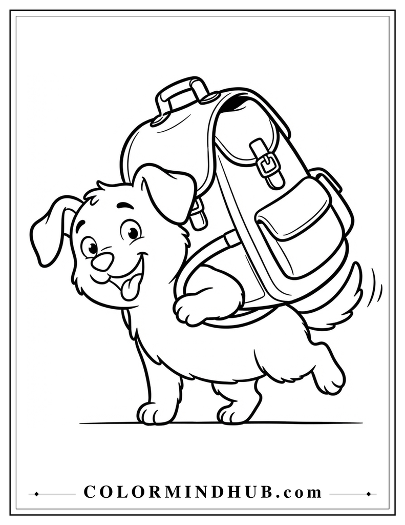 Funny dog carrying a backpack coloring page